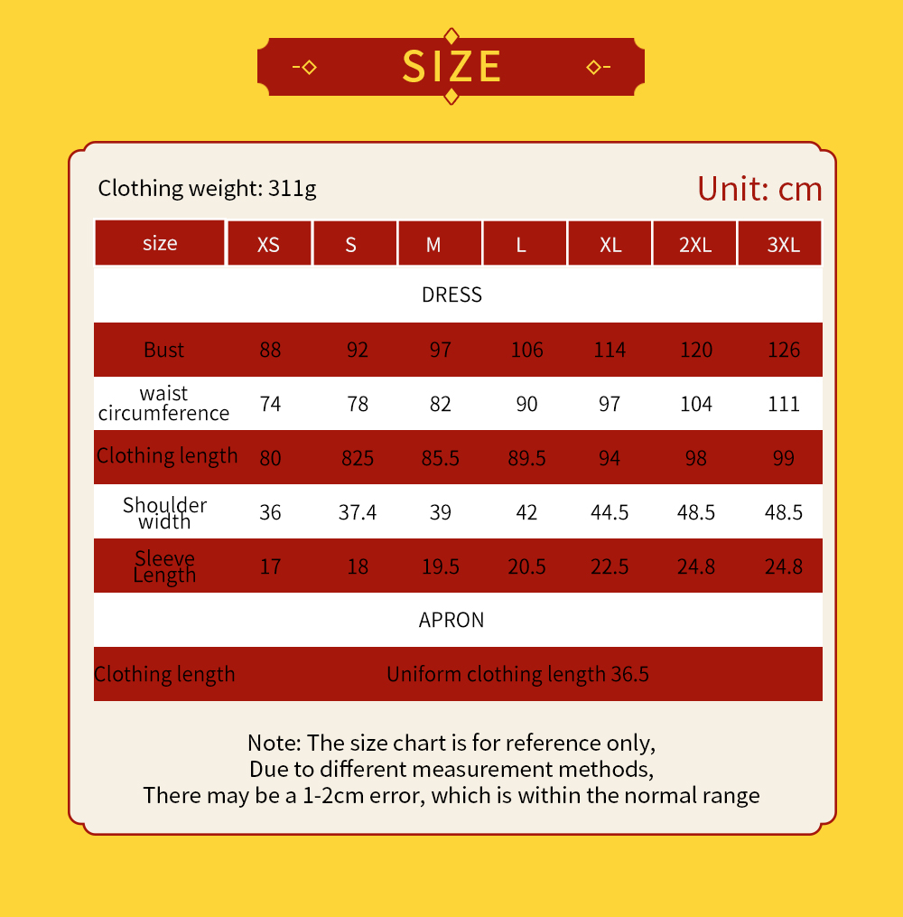 Max Costume size chart