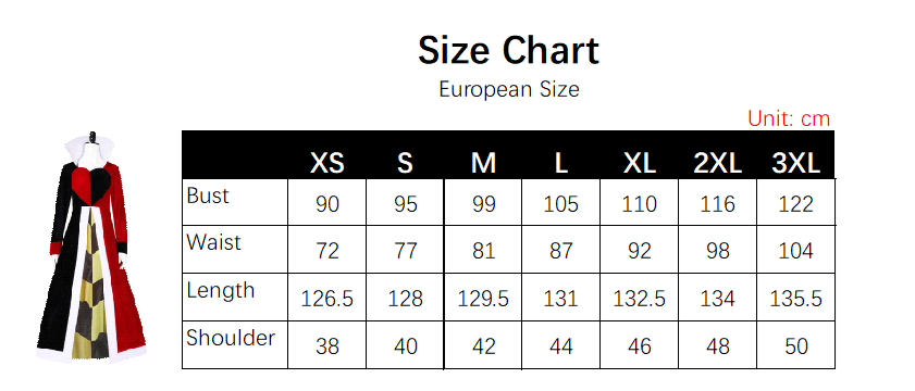 Queen of Hearts Costume size chart