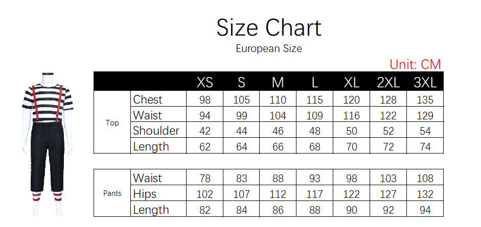 Tweedledum Costume size chart