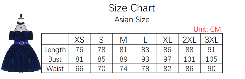 Mizi Blue Dress Costume size chart