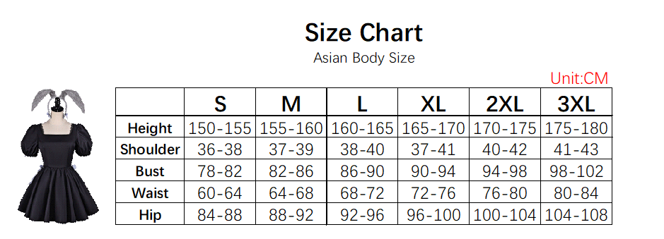 Sua Black Dress Costume size chart