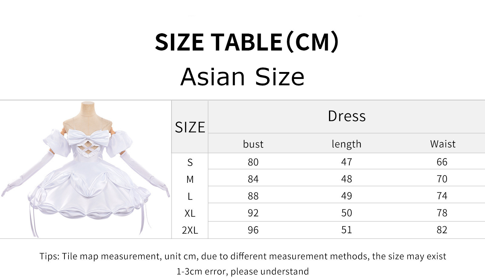 Sua White Dress Costume size chart
