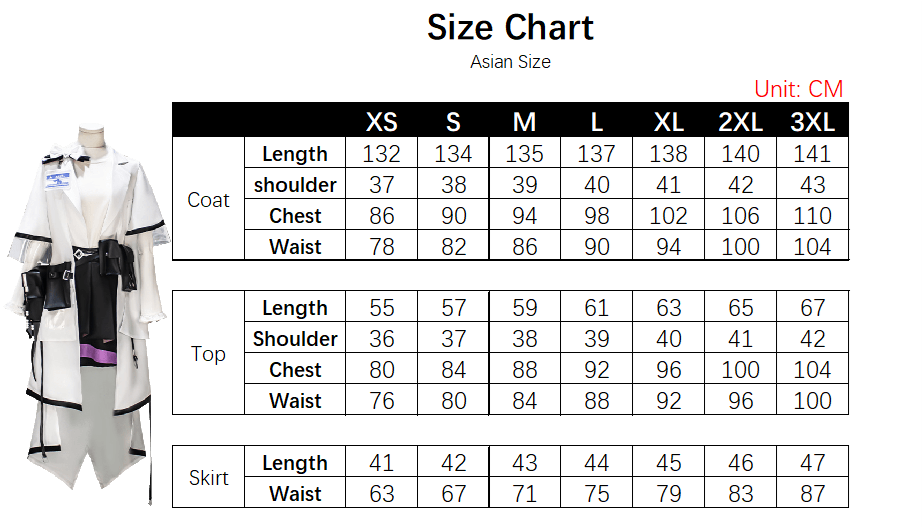 Priestess Costume size chart