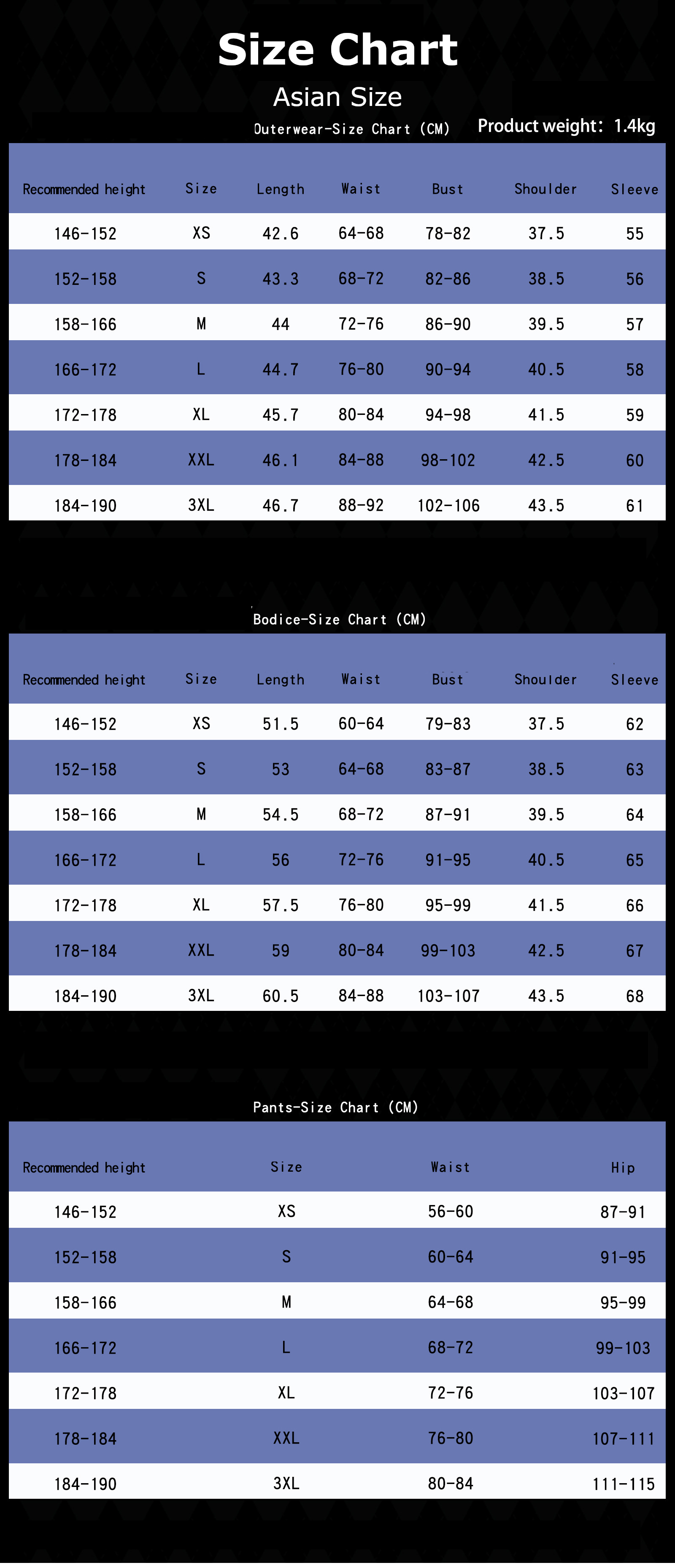 Ciel Costume size chart