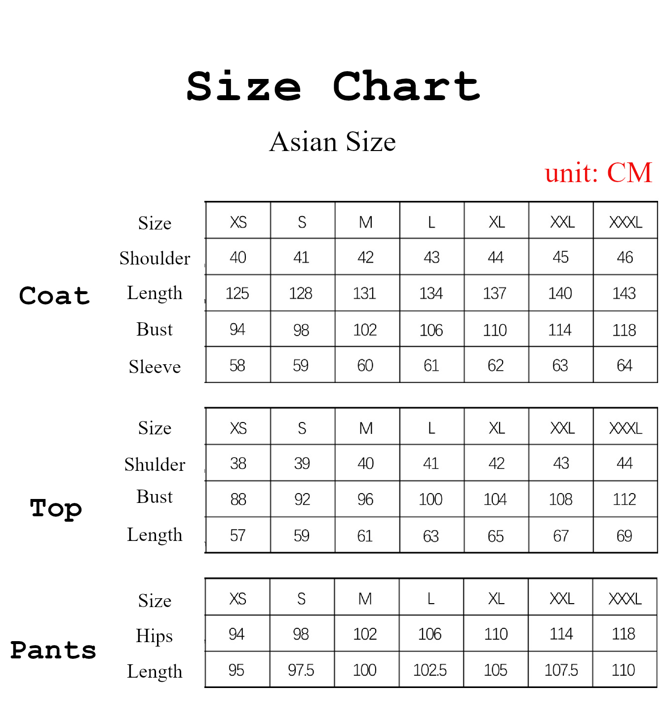 Syaoran Li Costume size chart