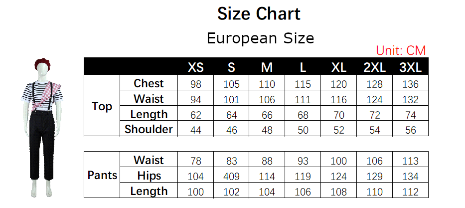 Gustave Costume size chart