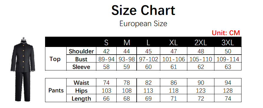 Ken Takakura Costume size chart
