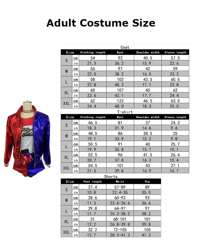 Harley Quinn Costume size chart