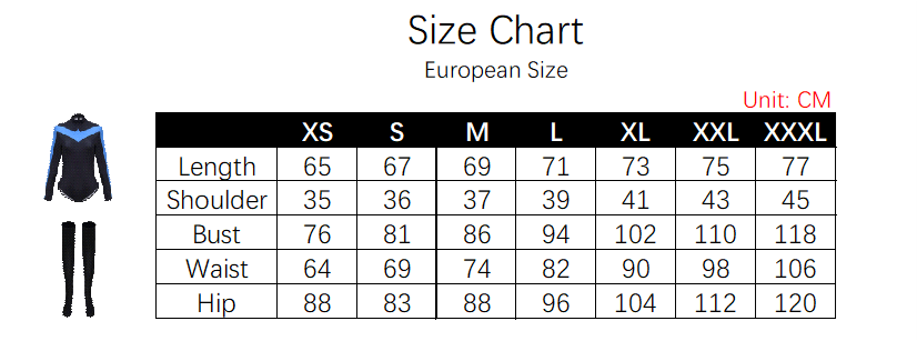 Nightwing Costume size chart