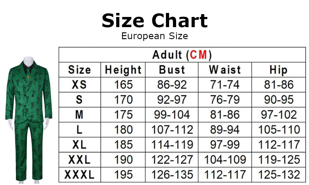 Riddler Costume size chart