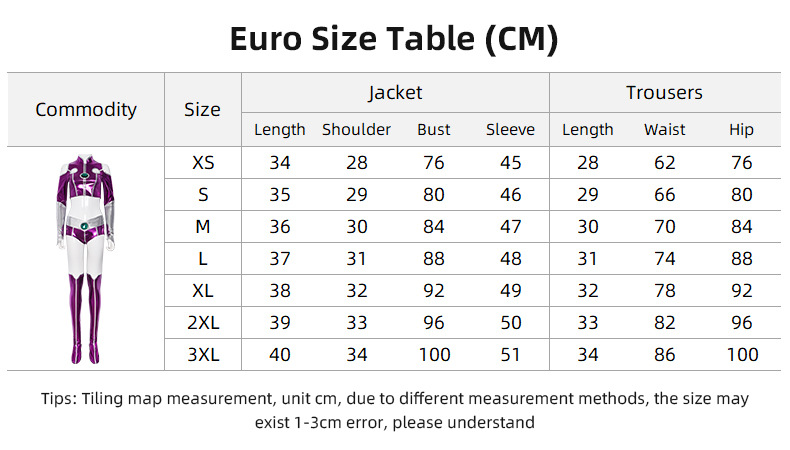 Starfire Costume size chart