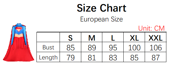 Supergirl Costume size chart