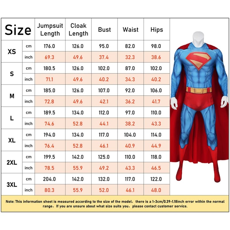 Superman 2025 Costume size chart