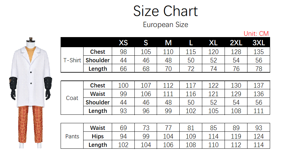 Dr. Nefario Costume size chart