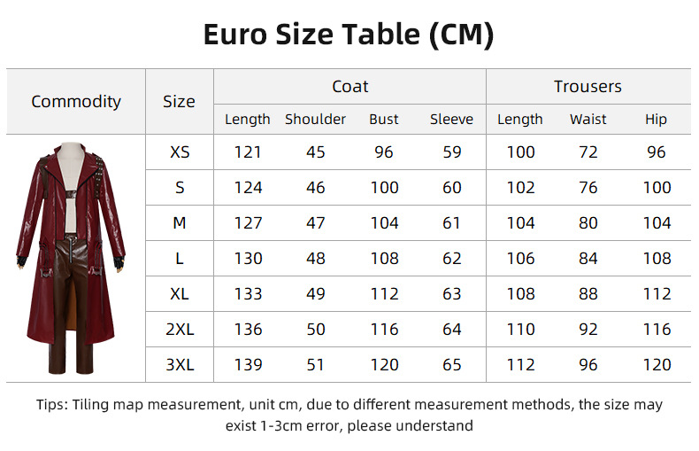 Dante DMC3 Costume size chart