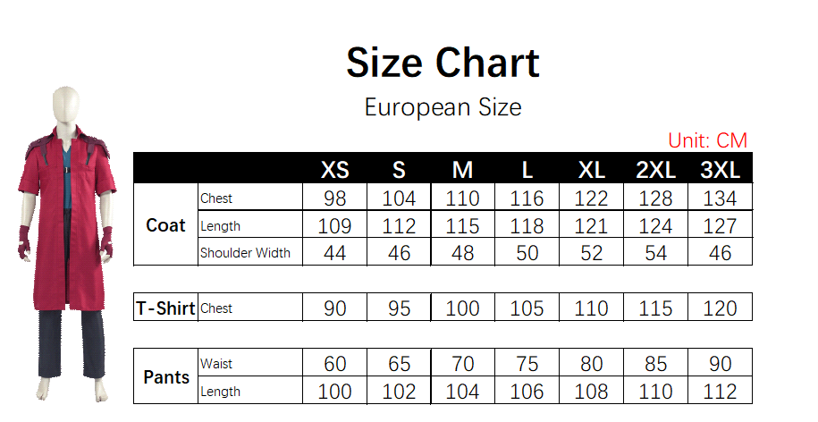 Dante Costume size chart