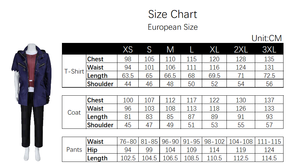 Nero Costume size chart