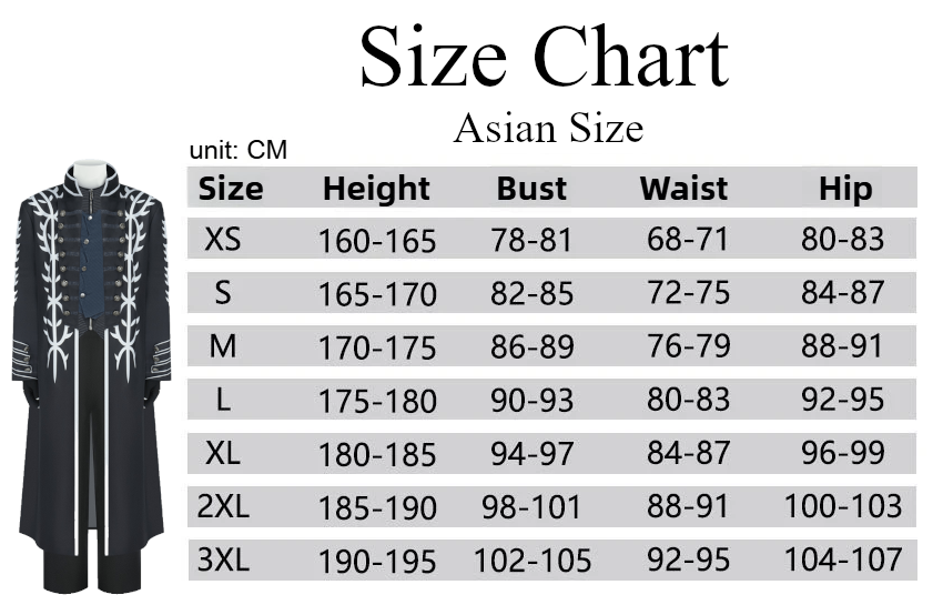 Vergil Costume size chart