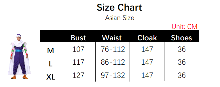 Piccolo Costume size chart