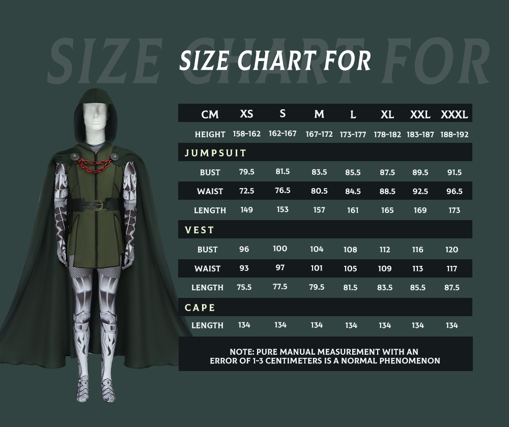 Doctor Doom Costume size chart
