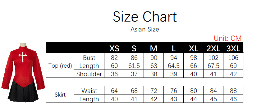 Rin Tohsaka Costume size chart