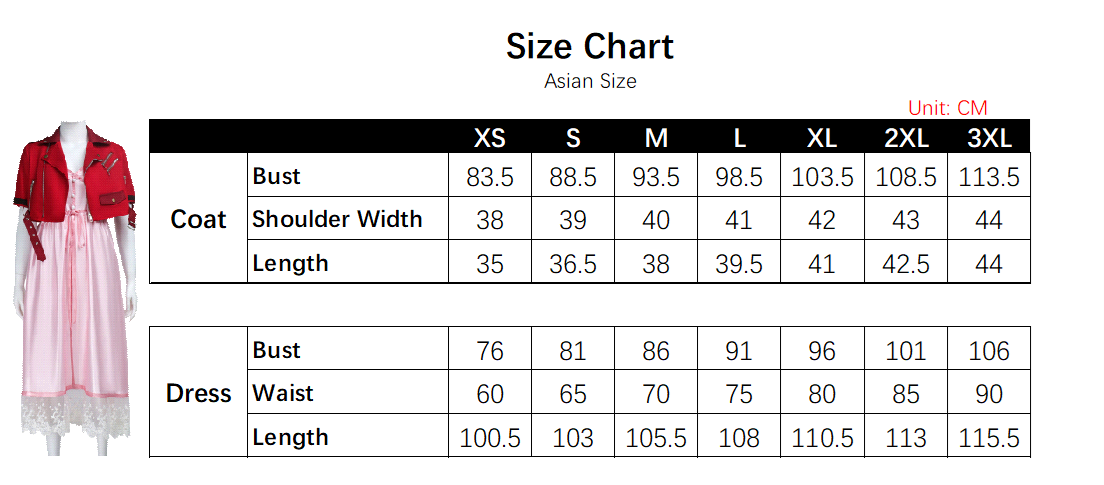 Aerith Costume size chart