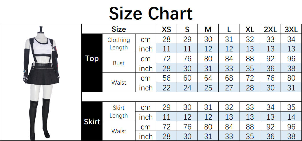 Tifa Costume size chart