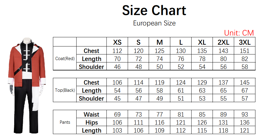 Stark Costume size chart