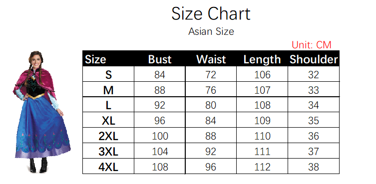 Anna Costume size chart