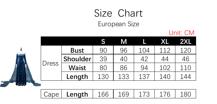 Elsa Olaf's Frozen Adventure Costume size chart