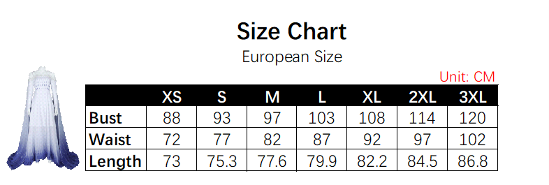 Elsa Costume size chart