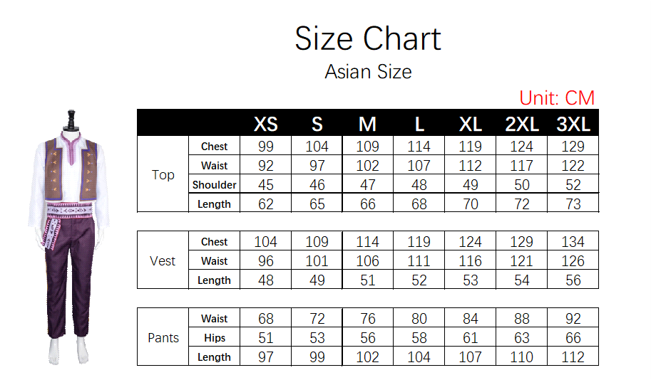 Kristoff Autumn Costume size chart