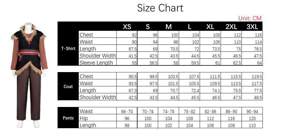 Kristoff Costume size chart