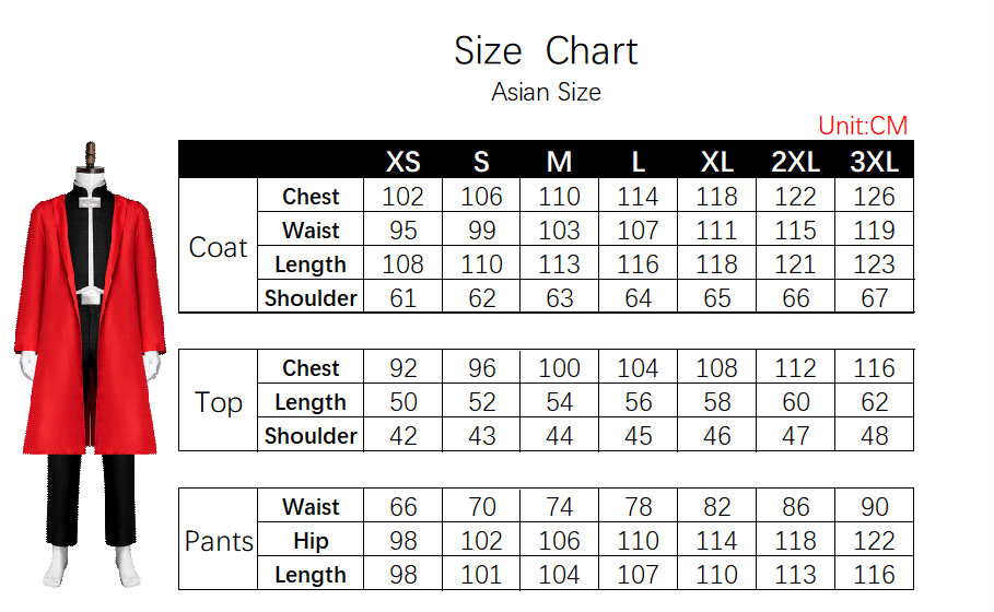 Edward Costume size chart