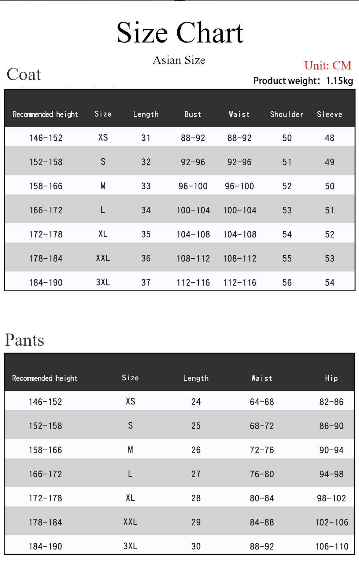 Riyo Reaper Costume size chart