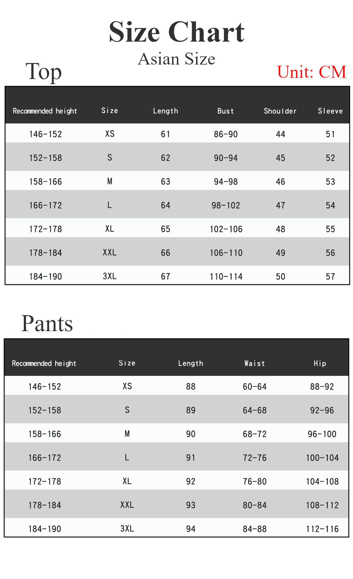 Zanka Nijiku Costume size chart
