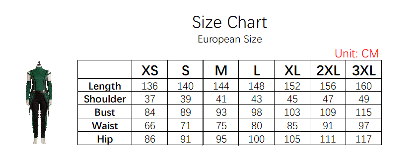 Mantis Costume size chart