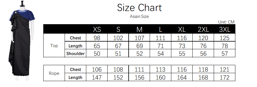 Hades Costume size chart
