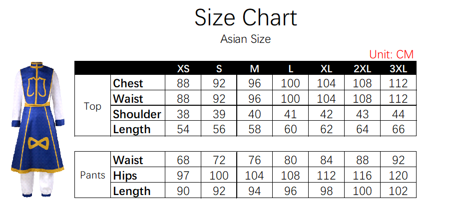 Kurapika Costume size chart