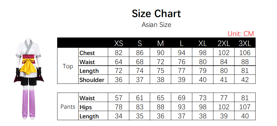 Machi Costume size chart