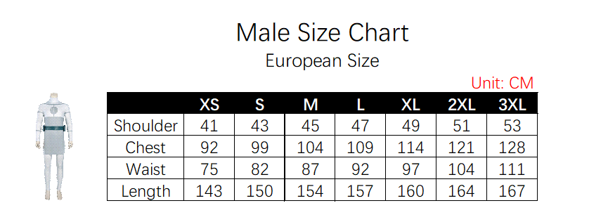 Mark Costume size chart