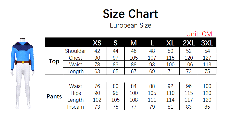 Nolan Grayson Blue Costume size chart