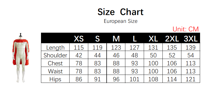 Nolan Grayson Costume size chart