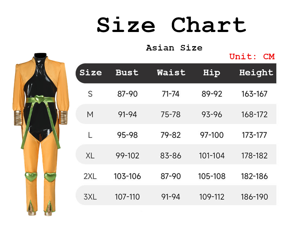 Dio Costume size chart