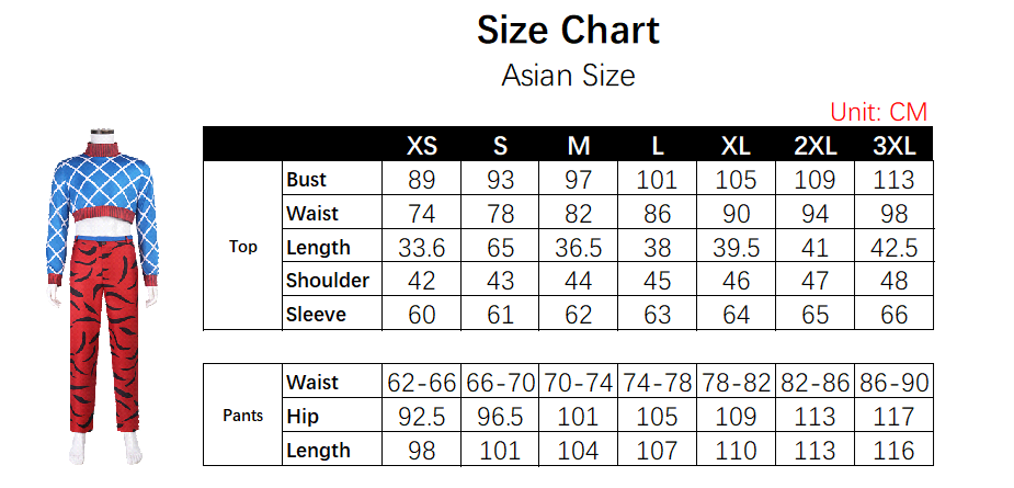 Guido Mista Costume size chart
