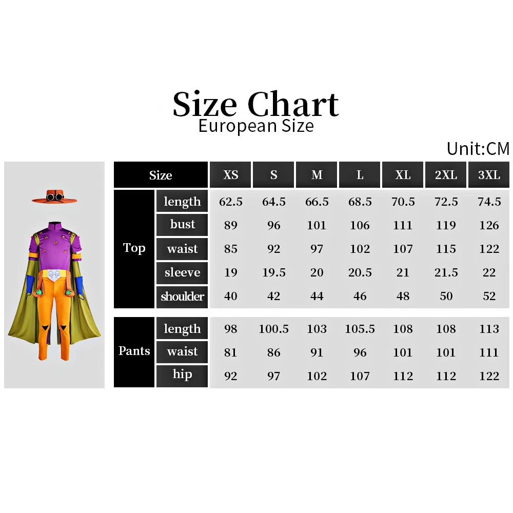 Gyro Zeppeli Costume size chart