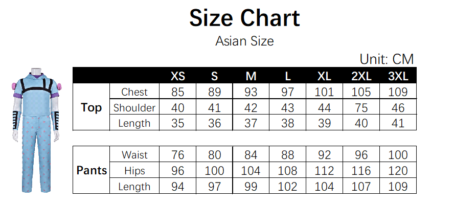 Johnny Blue Costume size chart