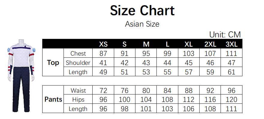 Johnny White Costume size chart