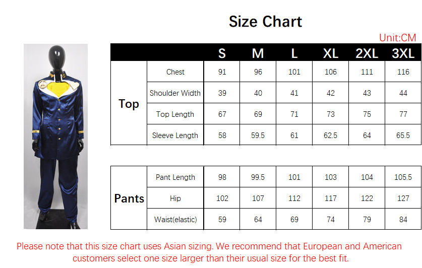 Josuke Costume size chart