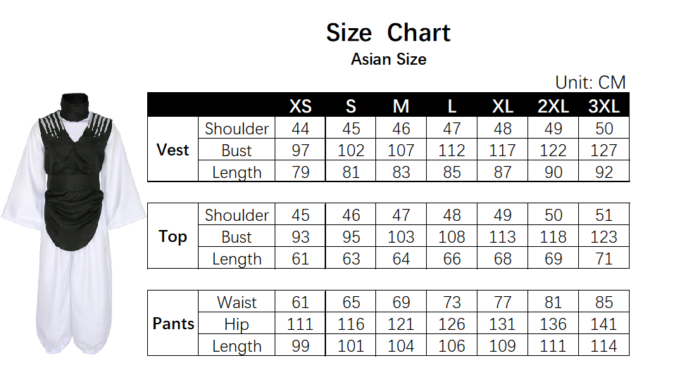 Choso Costume size chart